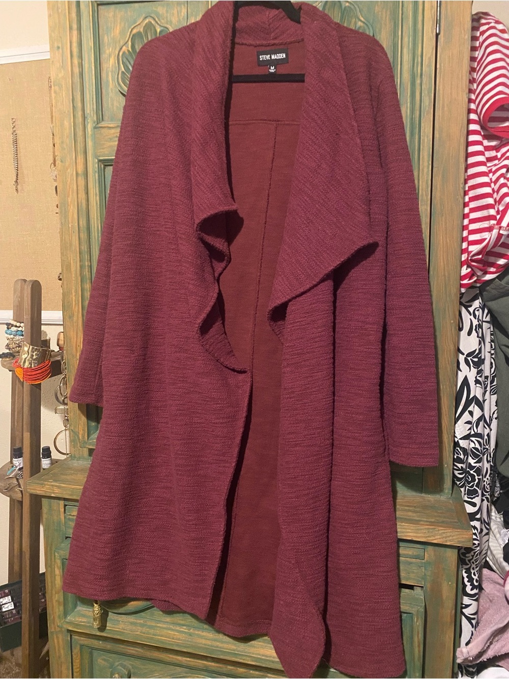 Steve Madden Burgundy Draped Open-Front Cardigan